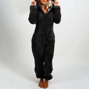 Womens Teddy Bear Fluffy Fleece Hooded Jumpsuit 1Onesie Playsuit Pajamas Romper - Picture 1 of 29