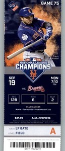 Atlanta Braves vs New York Mets 9/19/2016 Full Ticket -  Freddie Freeman HR