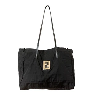 FENDI Tote Bag Nylon Zucca Black Shoulder Purse Silver Leather Auth From Japan - Picture 1 of 24