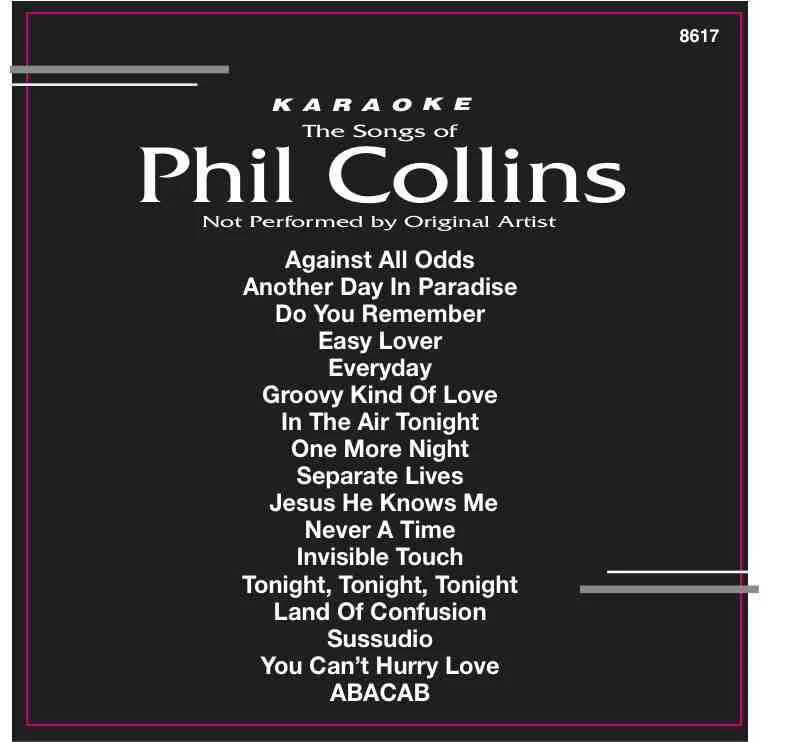 PHIL COLLINS Karaoke CD+G 17 TRACKS Backstage #8617 IN ORIGINAL Black Sleeve - Image 1 of 2