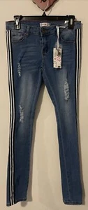 Teen Gs NY Sz 16 Girls Blue Striped Skinny Distressed Denim Jeggings NWT! M1232 - Picture 1 of 9
