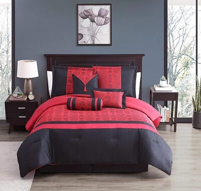Chezmoi Collection Oriental Inspired 7-Piece Black Red Jacquard Comforter Set - Image 1 of 4
