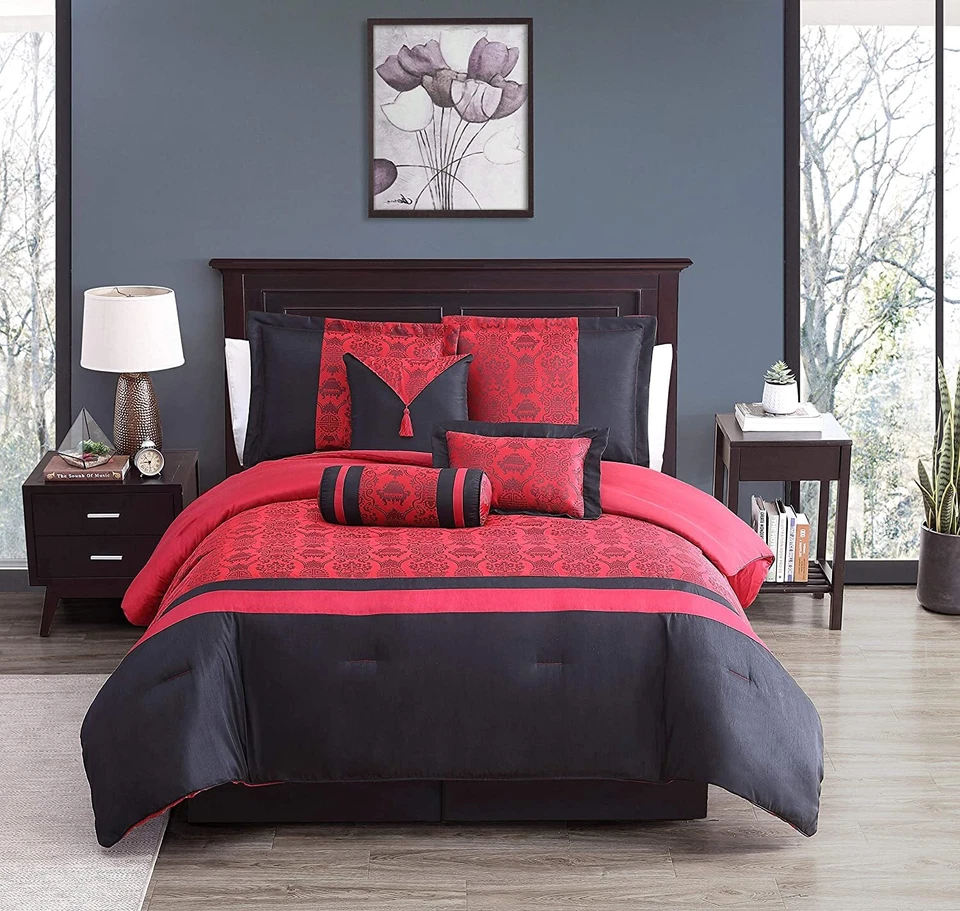 Chezmoi Collection Oriental Inspired 7-Piece Black Red Jacquard Comforter Set - Image 1 of 4