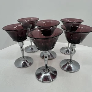 6pc Keystone Ware Art Deco Chrome Plated Amethyst Stemware Cocktail Glasses. - Picture 1 of 10