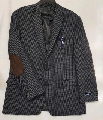 NUEVO CON ETIQUETAS Chaps 46 Largo Lana Blazer Chaqueta Abrigo Carbón Codo Parches Cuello Abatible Foto 1 de 4