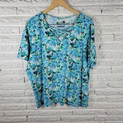 Coral Bay Womens Top 3X Plus Tee Short Sleeve Blue Watercolor Floral Keyhole - Image 1 of 4