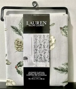 RALPH LAUREN Shower Curtain Grey Green Cotton Holly Pinecone Print 70" x 72” NEW - Picture 1 of 5