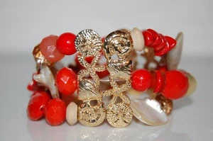 BOLD MARINE THEME RED & GOLDEN MIXED MEDIA BEADS STATEMENT STRETCH CUFF BRACELET - Picture 1 of 9
