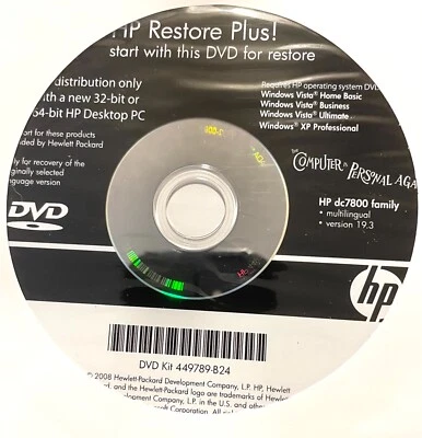 HP Hewlett Packard Restore Plus! DVD for Vista & XP Pro 449789-B24 - Image 1 of 3