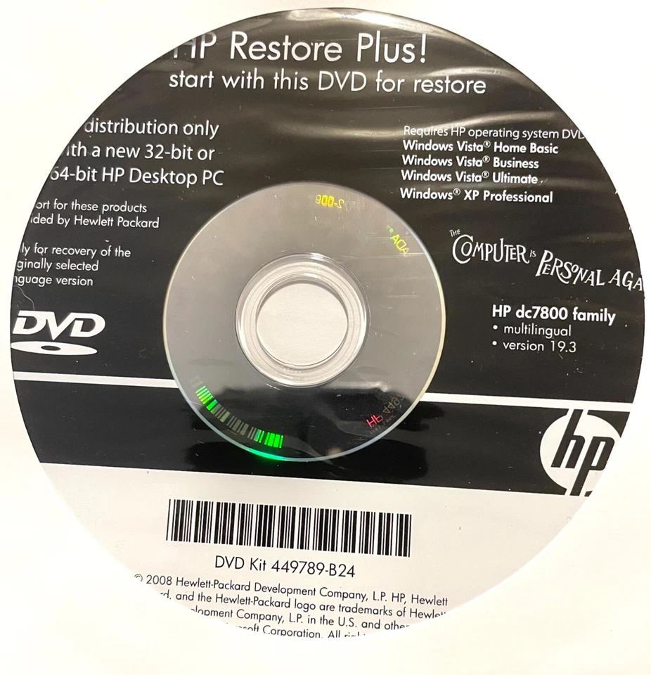HP Hewlett Packard Restore Plus! DVD for Vista & XP Pro 449789-B24 - Image 1 of 3