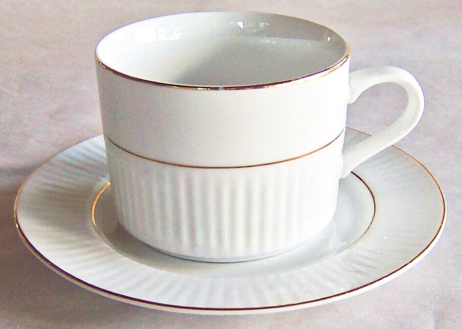 Gibson Black Tie Gold 8 oz CUP & SAUCER, White with Gold Trim, Ribbed Design - Image 1 of 3