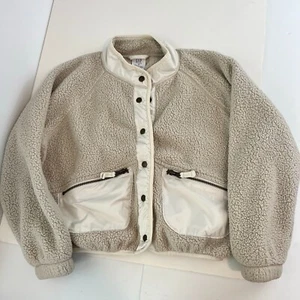 GAP Girl 8 Medium Sherpa Sweater Bomber Jacket Moonstone Snap Button Pockets - Picture 1 of 6