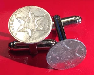 US Shield in Star 3 Cents Silver Tone Small Patriotic Coin Cufflinks + Gift Box! - Picture 1 of 2