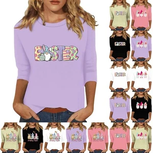 Women's Fashion Easter Casual 3/4 Sleeve Printed Basic Tops Plus Size Pullover - Picture 1 of 57