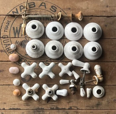 Vintage Porcelain Salvaged Hardware Lot  Waste Faucet Handles Knob Toilet Tub - Image 1 of 4