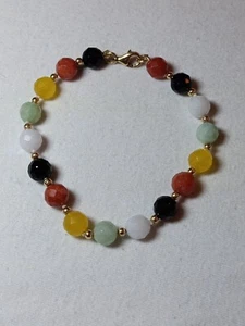 14k Yellow Gold Multi Color Jade Bead Bracelet 8" - Picture 1 of 7