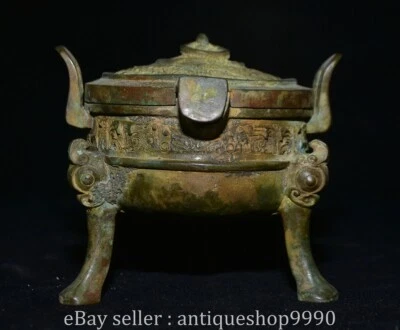 Censario quemador de incienso 4,6" antigua dinastía china mercancía de bronce 2 asas 3 patas Foto 1 de 4
