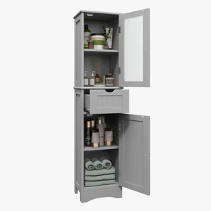 Costway Bathroom Tall Cabinet Freestanding Linen Tower w/Drawer & Doors Grey - Picture 1 of 8