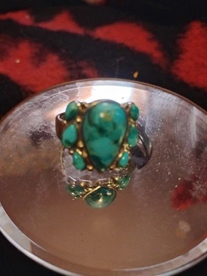 Navajo sterling silver ring with two Kingman turquoise stones and leaf design - Image 1 of 4