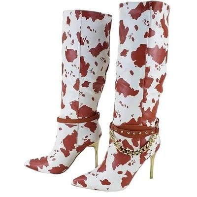 Cape Robbin Marrón y Blanco Estampado de Vaca Imitación Cuero Tacón Alto Botas Cadenas Talla 7 Foto 1 de 4