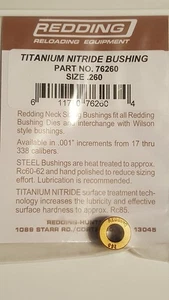 Buje de tamaño de cuello de nitruro de titanio Redding de recarga de 0,260 pulgadas, 76260 - Imagen 1 de 1