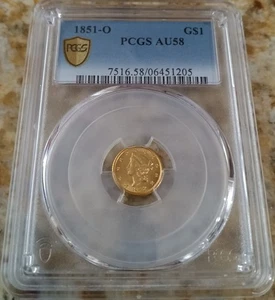 1851-O Type 1 Gold Dollar, starke goldene Farbe, New Orleans Mint, PCGS AU-58 - Bild 1 von 4