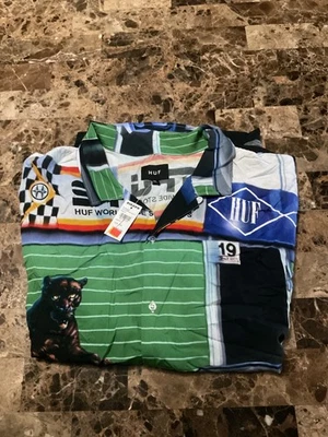Camisa abotonada para hombre HUF en todo el mundo 100 % rayón AOP estampado de coche talla XX Foto 1 de 4