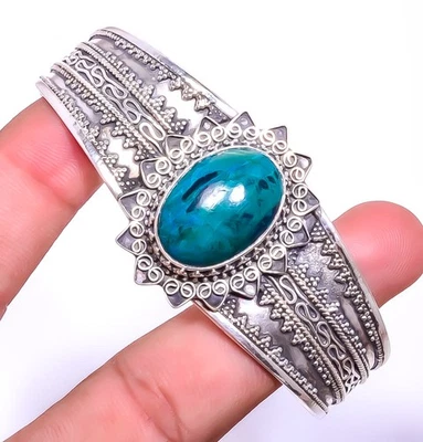 Ювелирные изделия ручной работы из стерлингового серебра 925 пробы с драгоценными камнями хризоколлой с рекламой T57 - Изображение 1 из 4