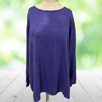 Vintage QUACKER FACTORY Sweater Womens 1X Purple Rhinestone Swirl Sparkle Bling - Image 1 of 4