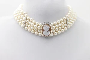 Collar de perlas antiguo cameo almejas gema oro blanco 14k aprox. 1,4 quilates 37cm 122,2g - Imagen 1 de 9