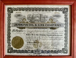 Gerahmt 1919 Jenkins Oil & Gas Company Aktienzertifikat - Bild 1 von 1
