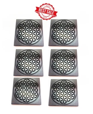Shungite Tile with engraving Flower of life Wholesale EMF protection Home design - Image 1 of 4