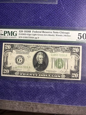 1928 B $20 Chicago FRN PMG 50 AU EPQ Fr 2052-Glgs LIGHT GREEN SEAL PMG 50 AU EPQ - Image 1 of 4