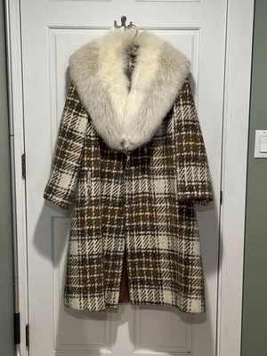 Abrigo para mujer vintage 100 % lana a cuadros con elegante cuello de piel Foto 1 de 4