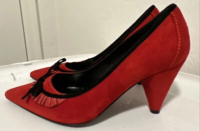 Fendi Suede Leather Red Pointy Black Bow Heels Pumps Size 36.5 - Image 1 of 4