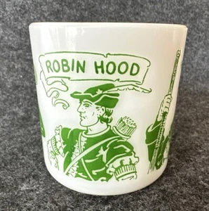 1950'S ROBIN HOOD Hazel Atlas Milk Glass Handled Mug 3" White Green Vintage - Picture 1 of 20