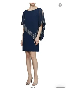 Sz 6 SLNY Foil Trim Popover Dress in Navy & Silver Capalet Sheath BNWTS - Picture 1 of 6