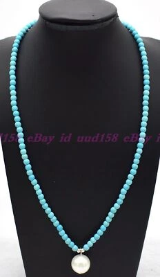 4mm Blue Turquoise Round Gems White Shell Pearl Pendant Necklace 18 Inches - Image 1 of 4
