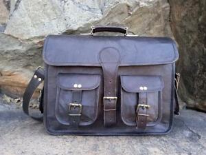 Handmade Real Black Goat Leather Laptop Messenger Shoulder Briefcase Unisex Bag