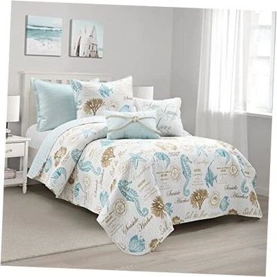  Juego de edredón reversible Harbor Life, juego de 5 piezas, doble/doble-XL azul y topo Foto 1 de 4