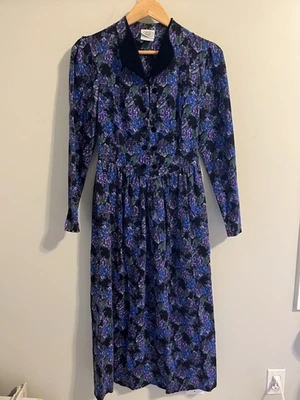 Vtg Laura Ashley Corduroy Dress 6 Purple Floral Velvet Collar Double Breasted - Image 1 of 4