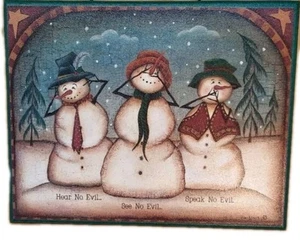3 Snowmen Kim Lewis See No Evil Hear No Evil Hear No Evil Crackle Finish Xmas - Picture 1 of 8