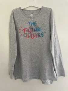 adidas Kids Girls The Future Is Ours Logo Cotton Blend Long Sleeve Shirt Gray L - Picture 1 of 4