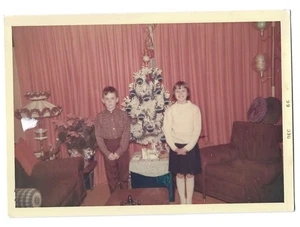 Vintage Vernacular Snapshot 1966 weiß Lametta Weihnachtsbaum rosa Vorhänge - Bild 1 von 1