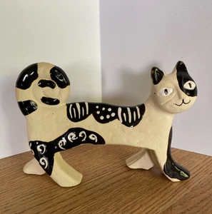 Whimsical Abstract Art Pottery Long Thin Cat Sandy Texture w Black & White Glaze - Picture 1 of 24