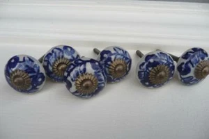 Vintage Antique Drawer Pulls Handles Cobalt Flower Floral Cabinets Knob - Picture 1 of 4