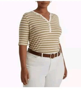 Lauren Ralph Lauren Black Label Striped Cotton Henley T-Shirt Birch Tan Women 3X - Picture 1 of 15