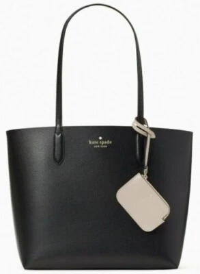 Kate Spade Ava 双面黑色皮革托特包米色小袋全新带标签 K6052 $359 MSRP — 第 1/4 张图片