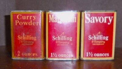 3 Vintage Red Schilling Spice Tins CURRY, SAVORY and MARJORAM Craft Collect - Image 1 of 4
