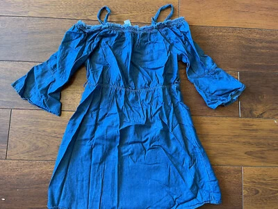 女孩 JUSTICE SOFT DENIM 牛仔连衣裙露肩西部 3/4 袖 10 码 — 第 1/2 张图片